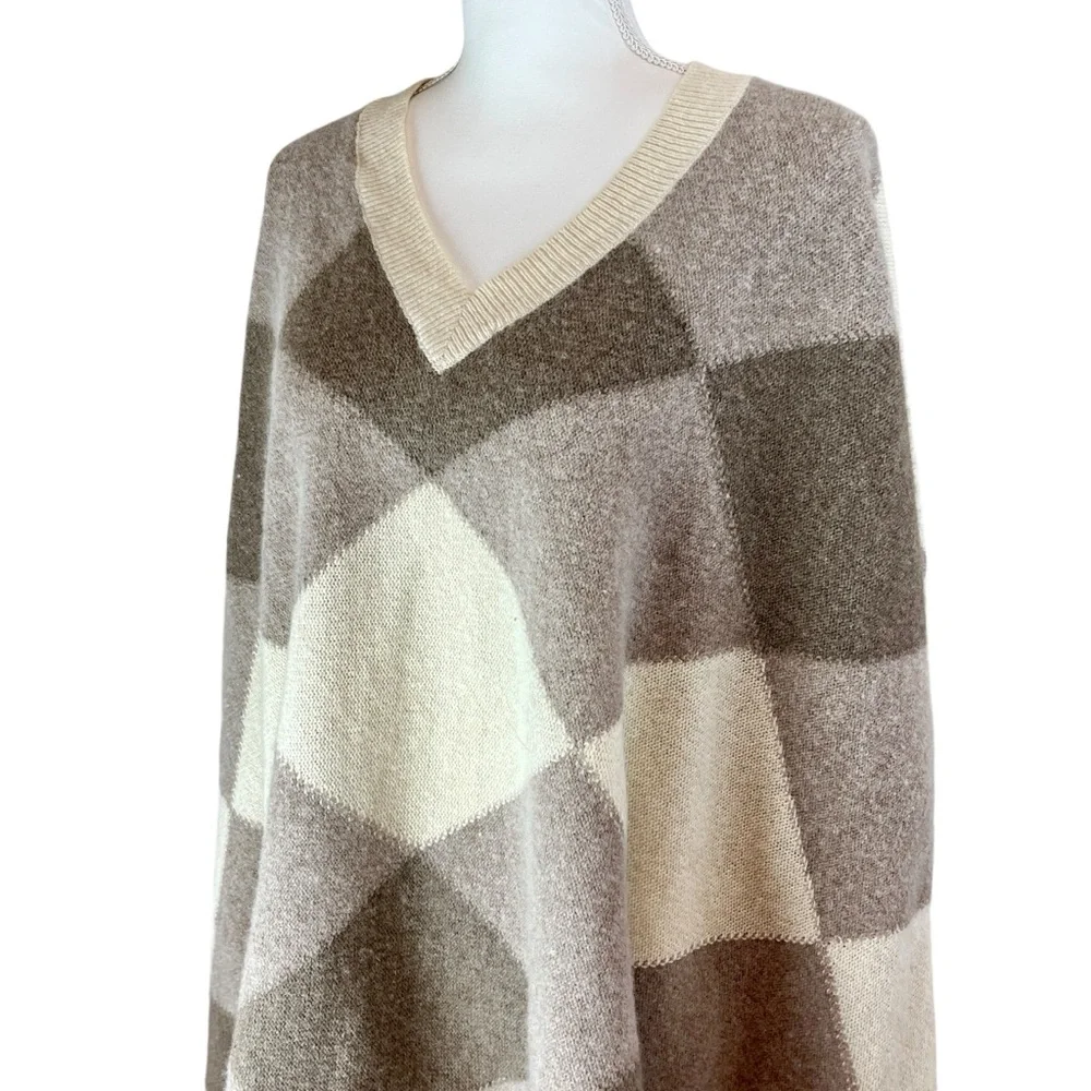 BOSTON PROPER Tan Cream Patchwork Poncho One Sz Lambswool Fall Pullover‎ Casual
